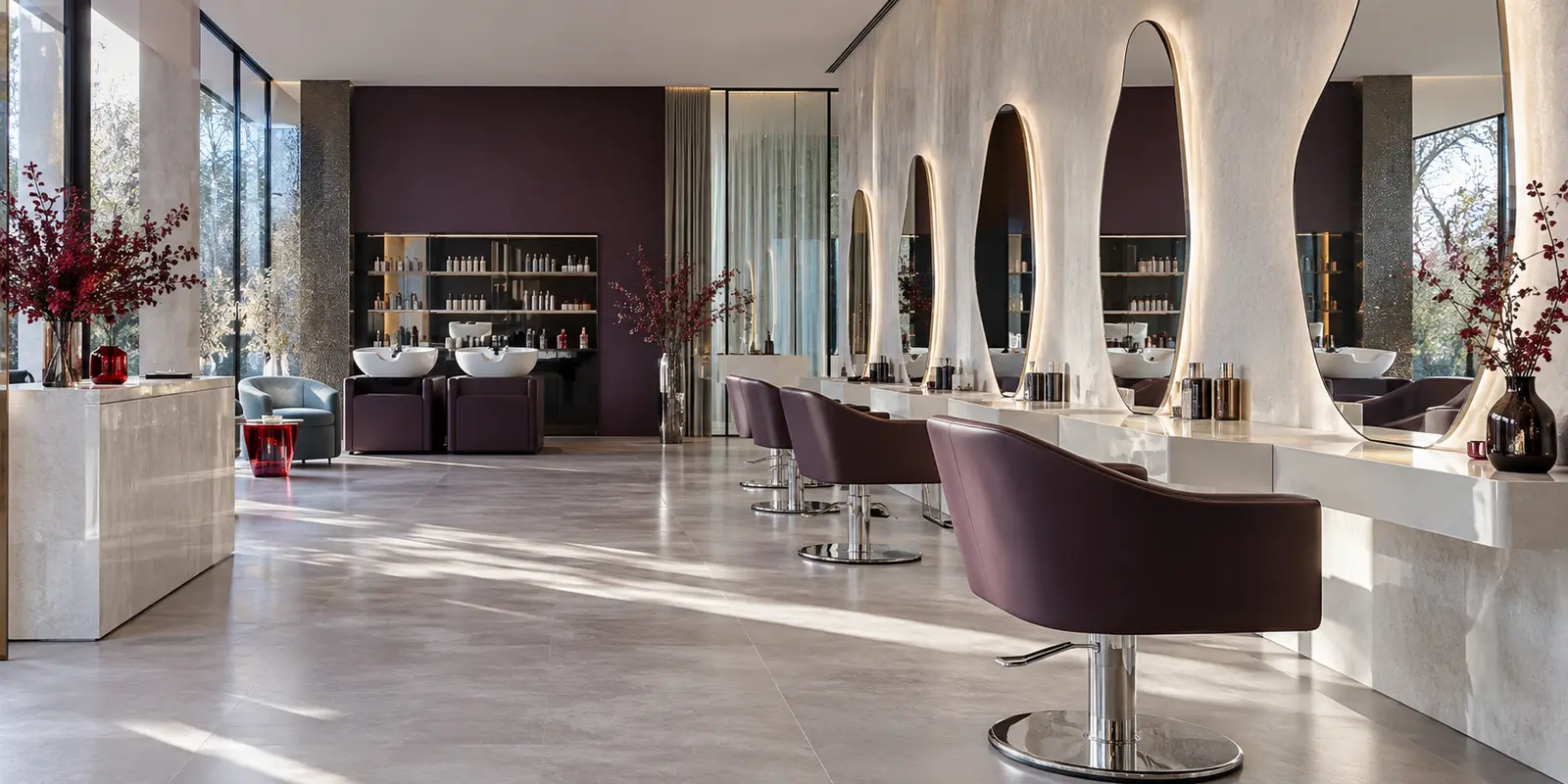 A bright salon interior with sculptural mirrors and clean stations